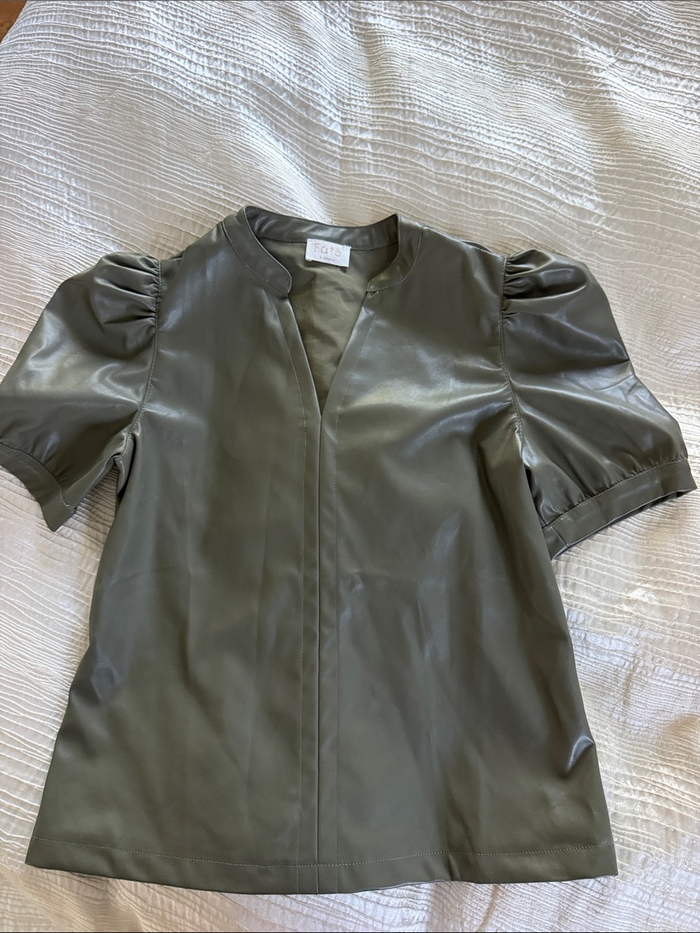 Fate Olive Faux Leather Puff Sleeve Top